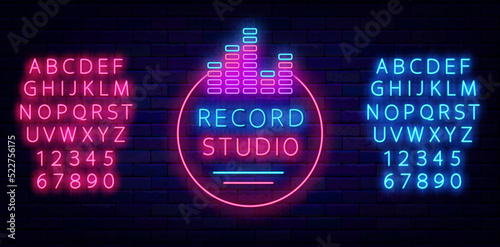 Record studio neon logotype. Equalizer sign. Music track recording. Shiny pink and blue typescript. Vector illustration