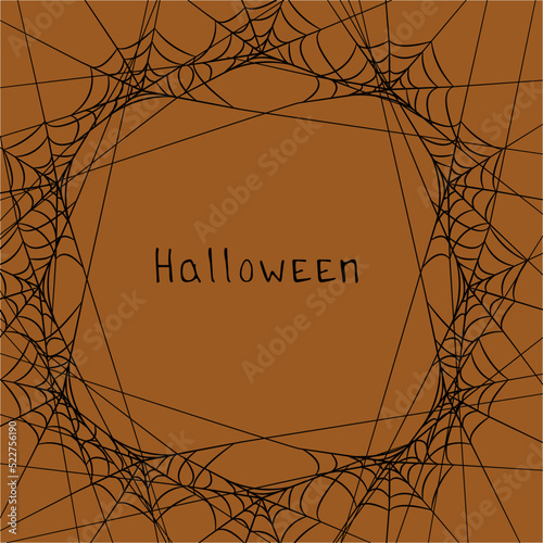 Orange Halloween poster with black frame from spider web. Trick or treat. Vector