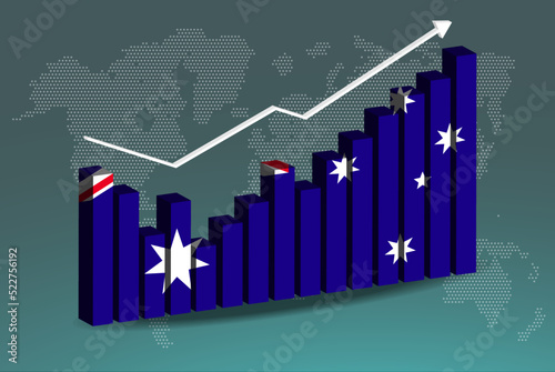 Australia 3D bar chart graph with ups and downs, increasing values, upward rising arrow on data, news banner idea