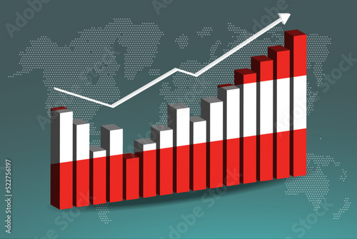 Austria 3D bar chart graph with ups and downs, increasing values, upward rising arrow on data, news banner idea