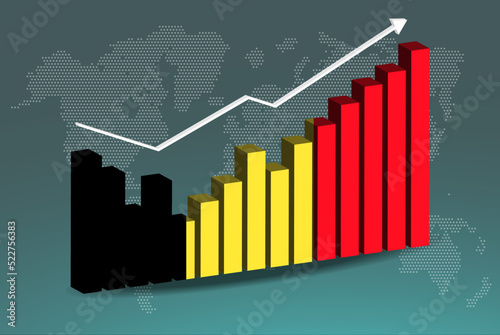 Belgium 3D bar chart graph with ups and downs, increasing values, upward rising arrow on data, news banner idea