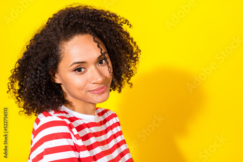 Photo of brunette pretty lady near promo wear red t-shirt isolated on vivid yellow color background © deagreez