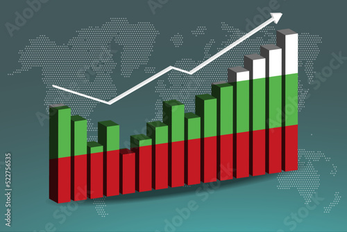 Bulgaria 3D bar chart graph with ups and downs, increasing values, upward rising arrow on data, news banner idea