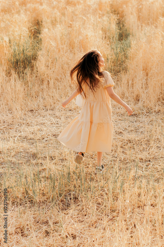 Little girl wear casual dress walking in country rural field. Little girl wear casual dress walking in country rural field.