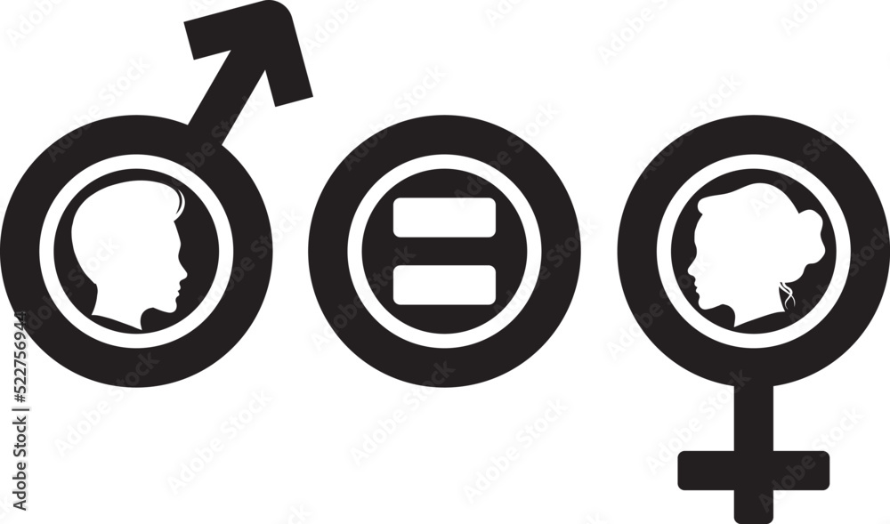 Black and white silhouette sign of male-female gender equality, boy girl head illustration Black and white silhouette sign of male-female gender equality, boy girl head illustration