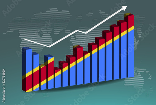 Congo Demotratic Republic 3D bar chart graph with ups and downs, increasing values, upward rising arrow on data, news banner idea