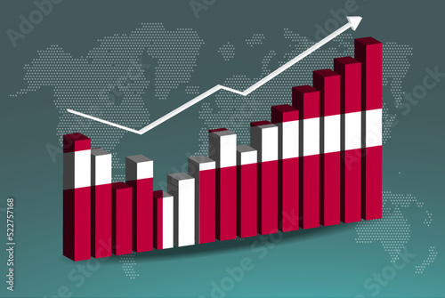 Denmark 3D bar chart graph with ups and downs, increasing values, upward rising arrow on data, news banner idea