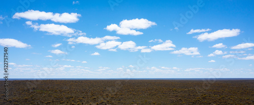 wide blue sky with white fluffy clouds over vast flat plain of scrub photo
