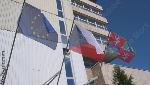 Flag of Czech republic, European union and Ustecky kraj region on local government building photo