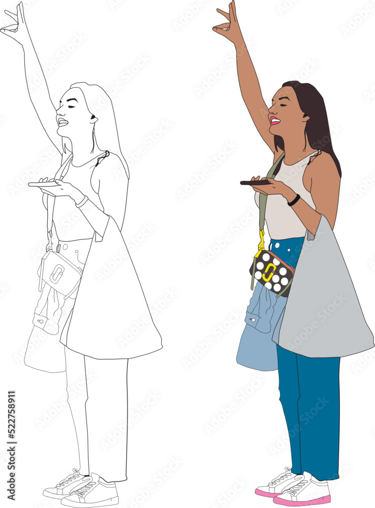 Successful young woman in trendy clothes catches a taxi on the road and holds a smartphone while standing on the street. roadside hitchhiking. Business on the go concept. Fictional character Successful young woman in trendy clothes catches a taxi on the road and holds a smartphone while standing on the street. roadside hitchhiking. Business on the go concept. Fictional character