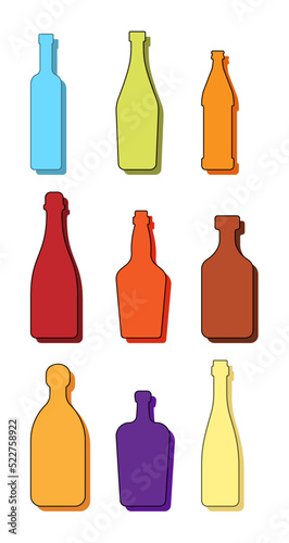 Set drinks. Alcoholic bottle. Vodka vermouth beer wine whiskey rum tequila liquor champagne. Simple shape isolated with shadow and light. Colored illustration on white background. Flat design style