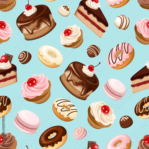 Seamless pattern with cakes, cupcakes, macaroons, donuts, candies, and other sweets on a blue background. Vector illustration