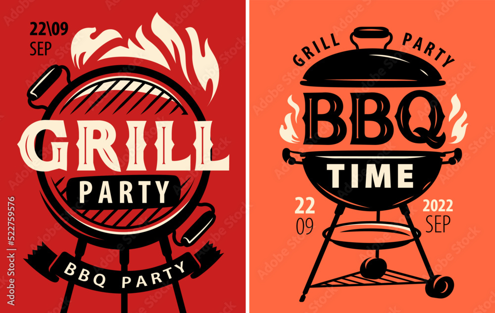 BBQ cookout flyer or poster template design set. BBQ time. Grill party. Food concept, retro vector illustration - obrazy, fototapety, plakaty 