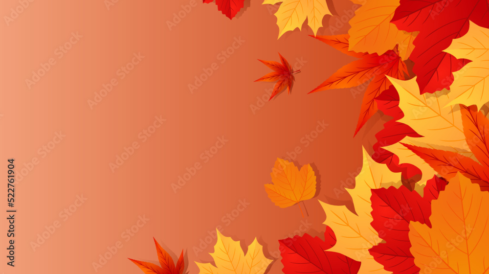 Fototapeta premium Autumn fall background with golden, red and orange autumn leaves with space for text. Vector illustration