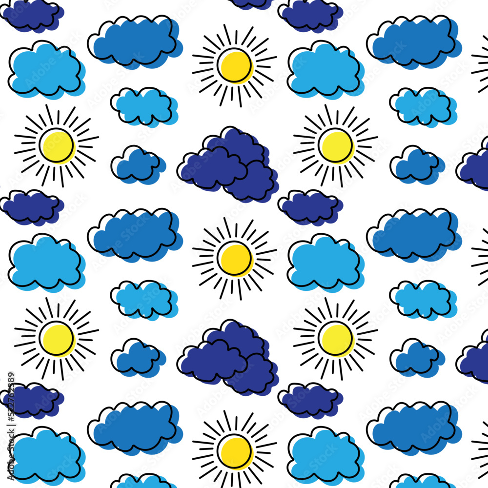 Cute weather characters - clouds, sun. Seamless pattern