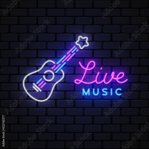 Live music neon on light background. Music symbol vector. Glowing digital vector illustration