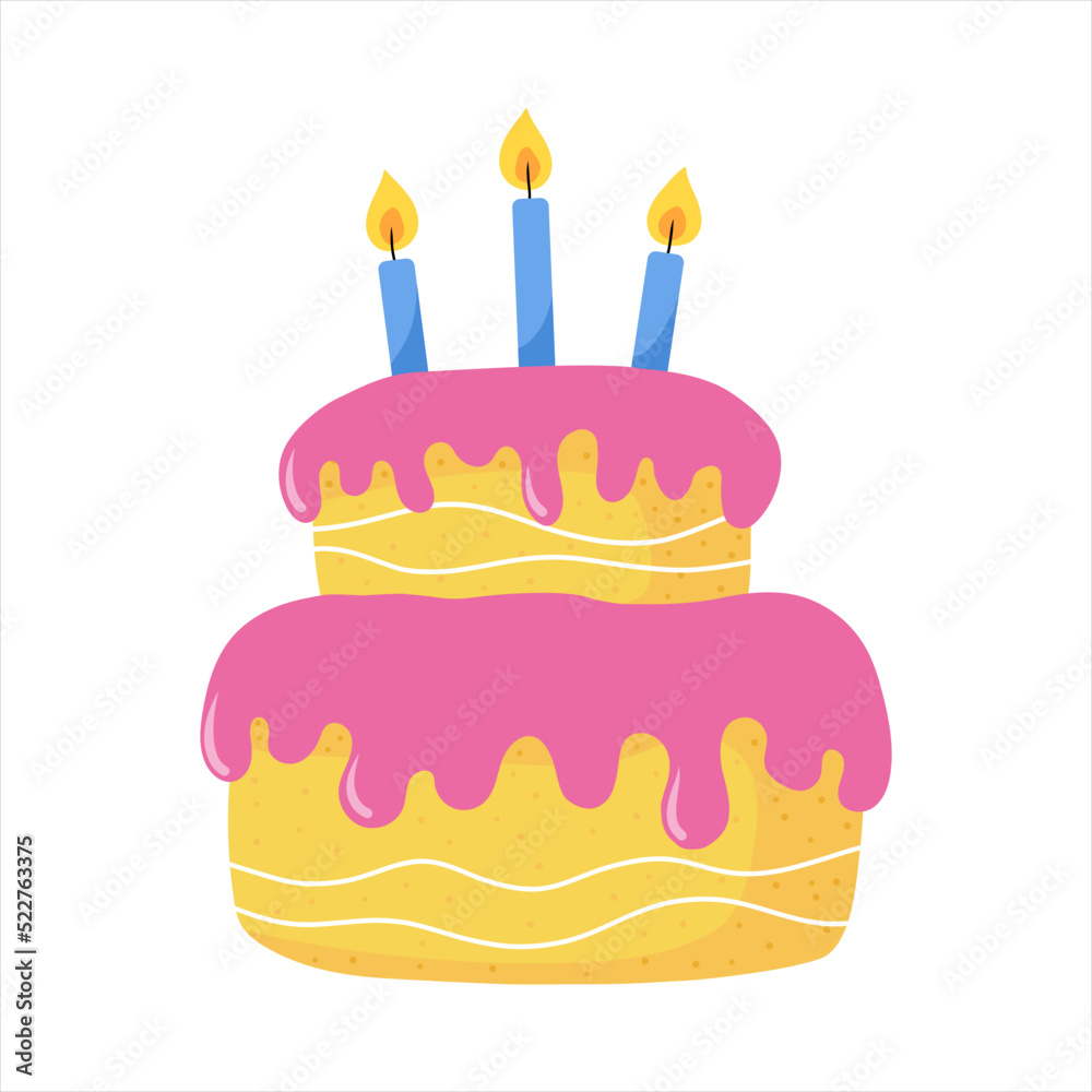 Cartoon cake. Colorful delicious birthday cake with celebration candles. Vector illustration isolated on white background Cartoon cake. Colorful delicious birthday cake with celebration candles. Vector illustration isolated on white background