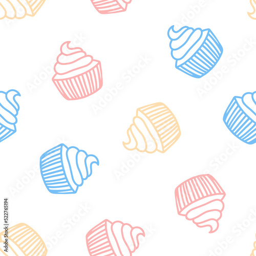Seamless pattern with colorful hand drawn cupcakes.