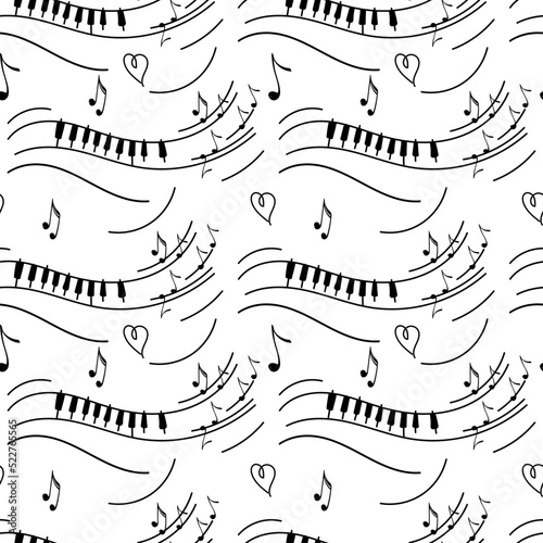 Seamless pattern of piano melody, hand-drawn doodle. Flying notes. Heart. Music. Inspiration. Isolated vector illustration on white background.