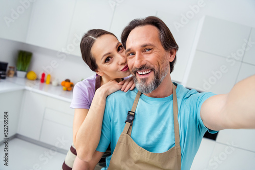 Portrait of two positive idyllic partners embrace make selfie kiss cheek kitchen indoors