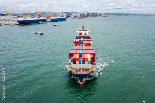 front view of container ship logistics goods transportation import export International by container cargo ship in the ocean, global business and industry service transportation of goods by sea
