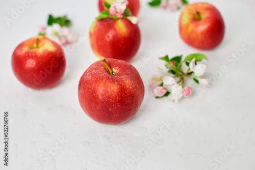 Apple flowers and ripe red apples flat lay on a white background, Fruits and flowers, sping concept. Top view