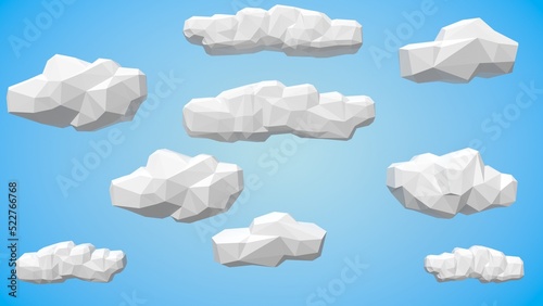 3D illustration variety design of white low poly clouds concept for game and metaverse.