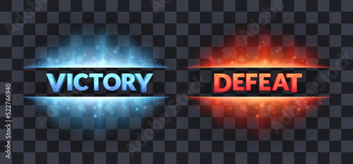 Victory defeat game screens on a transparent background. Game ending UI design text notifications. Glowing sparkles and lights. Eps10 vector