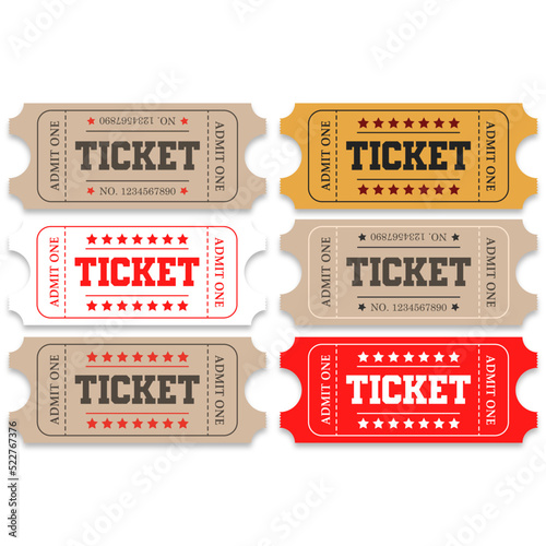 Tickets for cinema theatre opera circus transport airplane train bus red brown yellow white grey