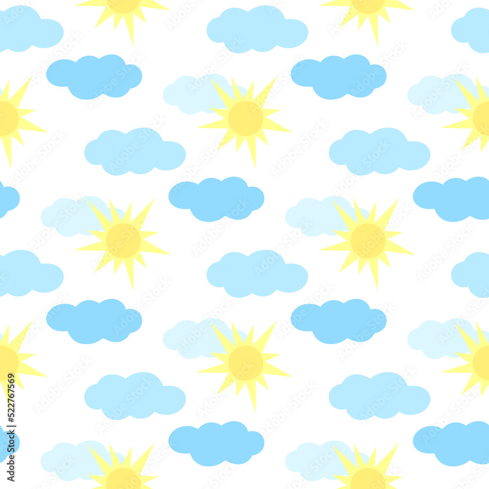 Sun and clouds seamless pattern vector illustration. Background clear sunny day. Print for childrens textiles, paper, wallpaper and design. Heavenly template