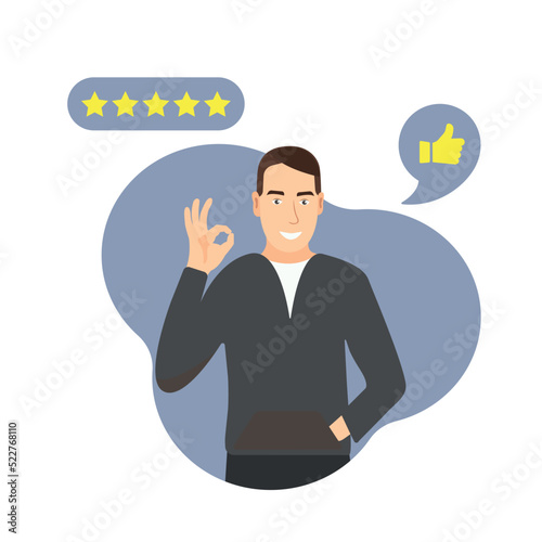 Happy cartoon man gives 5 stars. Customer feedback, best quality, excellence, high performance rating, positive rating.