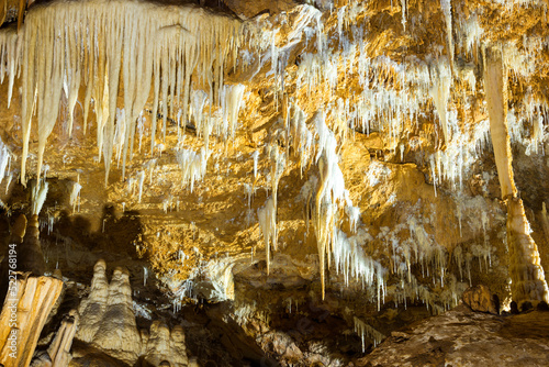 Dark cave with many stalactites. Grotte di Is Zuddas cave, Italy, Sardinia