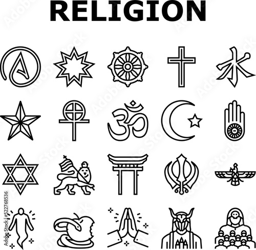 Religion, Prayer Cult And Atheism Icons Set Vector. Christianity And Druze, Bahai And Gnosticism, Hinduism And Islam, Judaism And Sikhism. Sect Religious And Human Soul Black Contour Illustrations