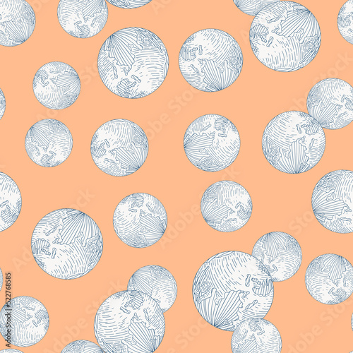 Planet earth engraved seamless pattern. Vintage sphere of world in hand drawn style.