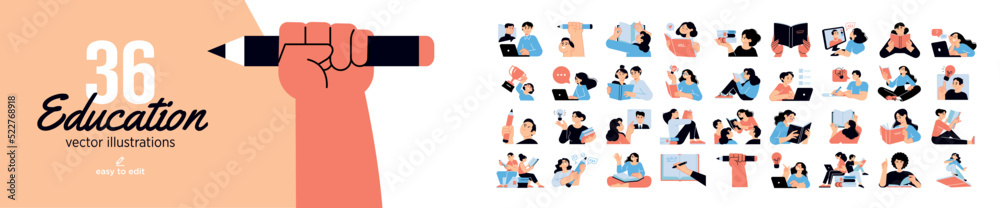 Set of education people illustrations. Flat design vector concepts of education, learning, back to school, reading book, online course and training.