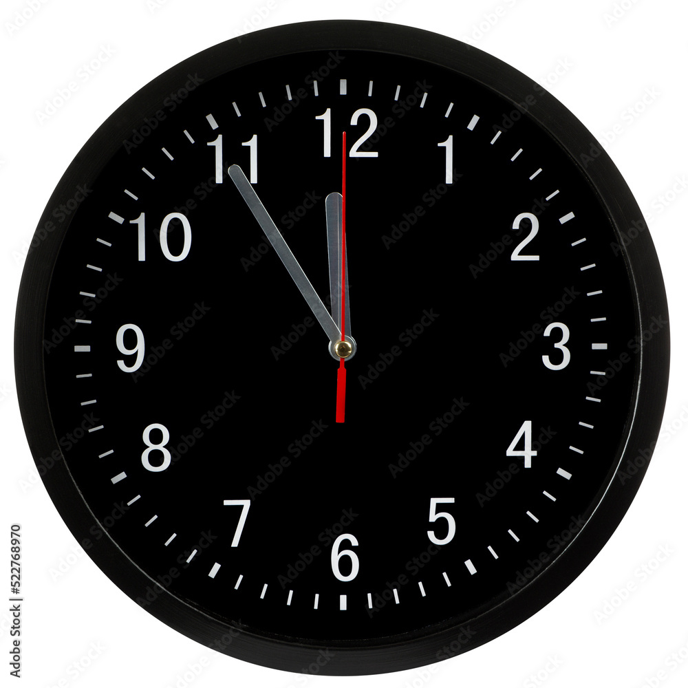 Black clock showing five minutes to twelve, isolated on transparent background Black clock showing five minutes to twelve, isolated on transparent background