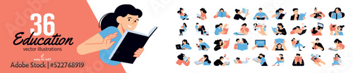 Set of education people illustrations. Flat design vector concepts of education, learning, back to school, reading book, online course and training.
