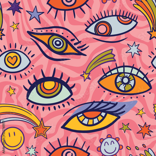 teenage seamless 70s retro eyes pattern hippie