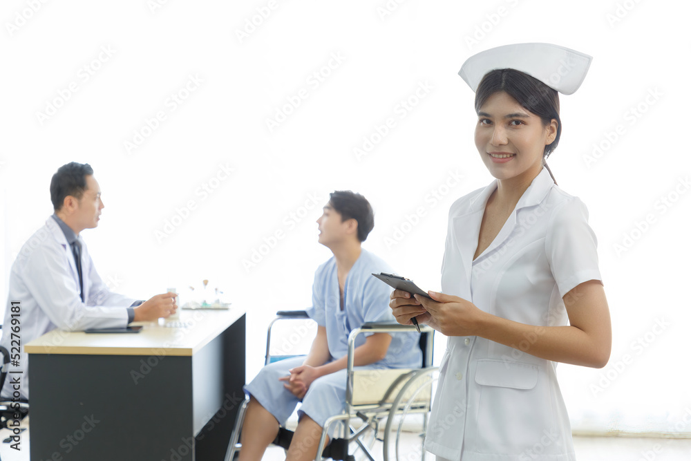 Portrait of young beautiful cheerful female nurse smiling with doctor nurse and patient interaction together on the background. COPY SPACE. Portrait of young beautiful cheerful female nurse smiling with doctor nurse and patient interaction together on the background. COPY SPACE.