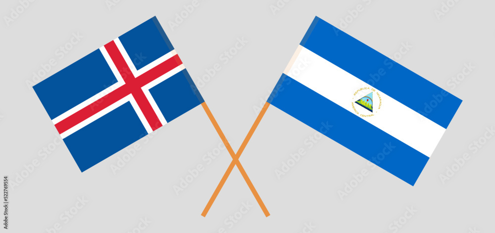 Crossed flags of Iceland and Nicaragua. Official colors. Correct proportion