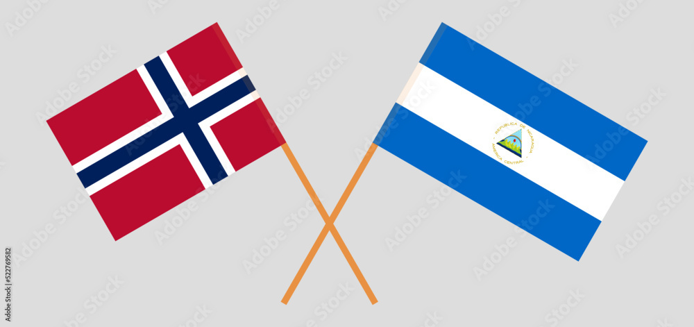 Crossed flags of Norway and Nicaragua. Official colors. Correct proportion