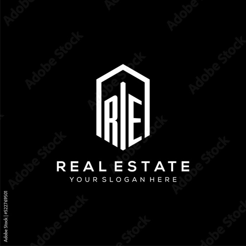 Letter RE logo for real estate with hexagon icon design