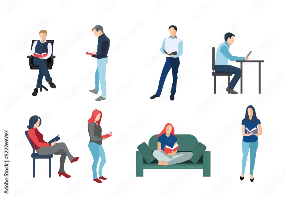 People, male, female, in different reading poses People, male, female, in different reading poses