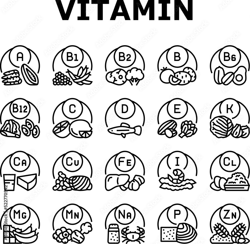 Vitamin Mineral Medical Complex Icons Set Vector. Healthy Vitamin C And A, Healthcare Extract With Calcium And Zink. Multivitamin Vegetable, Fruit, Meat And Seafood Black Contour Illustrations