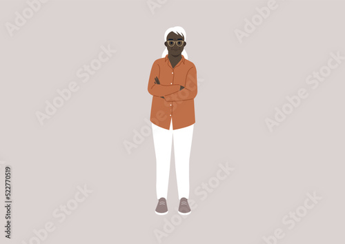 A senior African woman wearing casual clothes
