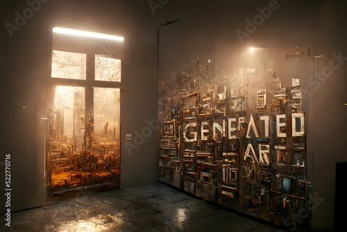 room with large window and artistic wall with words generated art, neural network generated art image produced in 2022 photo