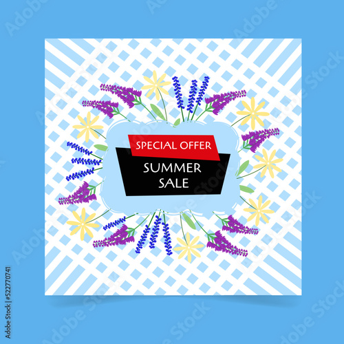 Special offer colorful banner with exotic flowers on a woven background. The concept of a summer sale. Vector illustration in a flat style
