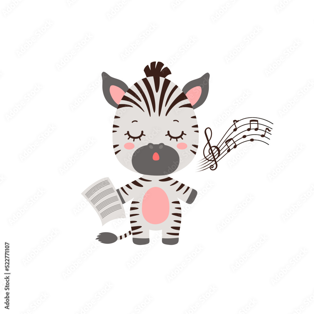 Singing animal cute zebra. Music notes song learning. Musical class logo or mascot. Music lesson elementary school subject. Kawaii animal student.