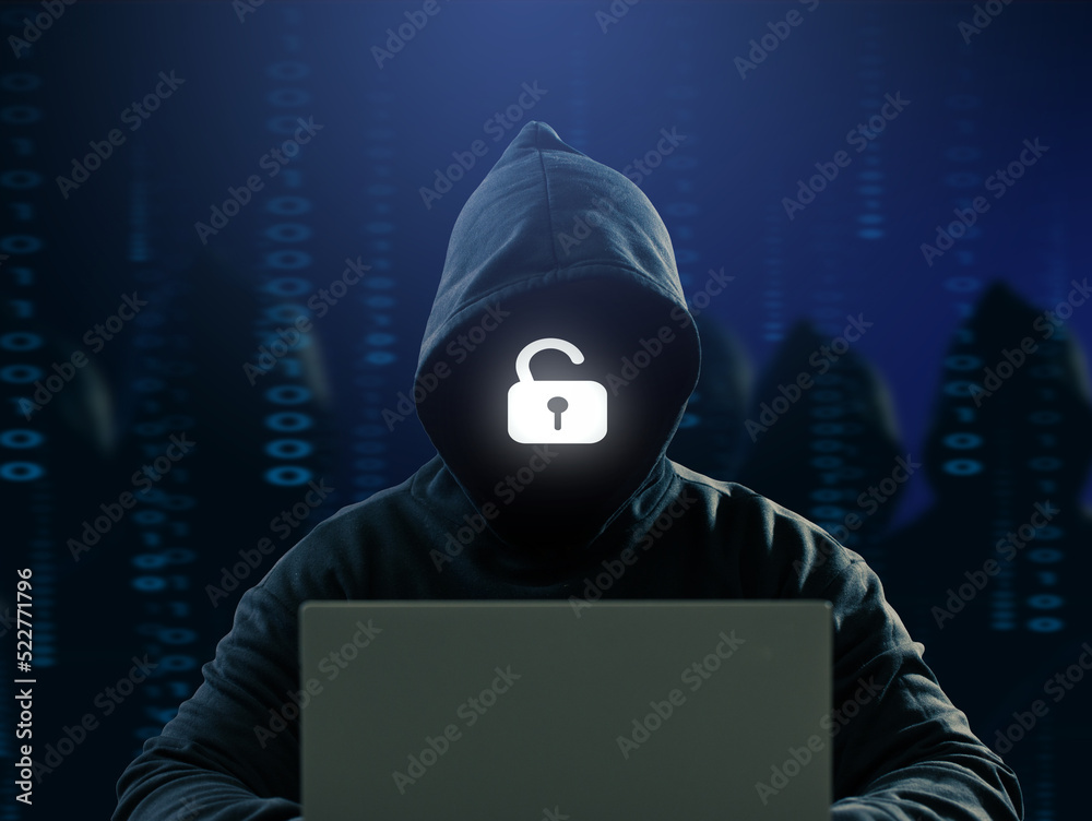 Dangerous anonymous hackers are using laptops for identity theft, internet, cybercrime. Cyber attack, destruction and malware concept. Blackout. Digital binary code on background. Dangerous anonymous hackers are using laptops for identity theft, internet, cybercrime. Cyber attack, destruction and malware concept. Blackout. Digital binary code on background.