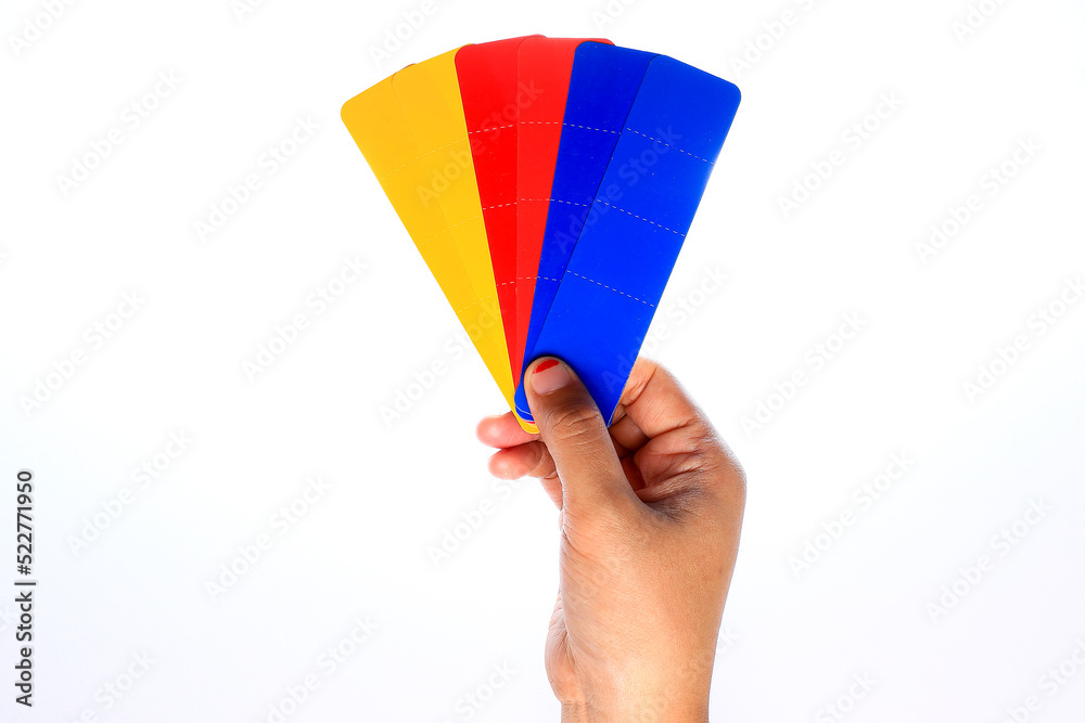 Fototapeta premium Colored samples of different papers on isolated white background. Color trend palette. free space.